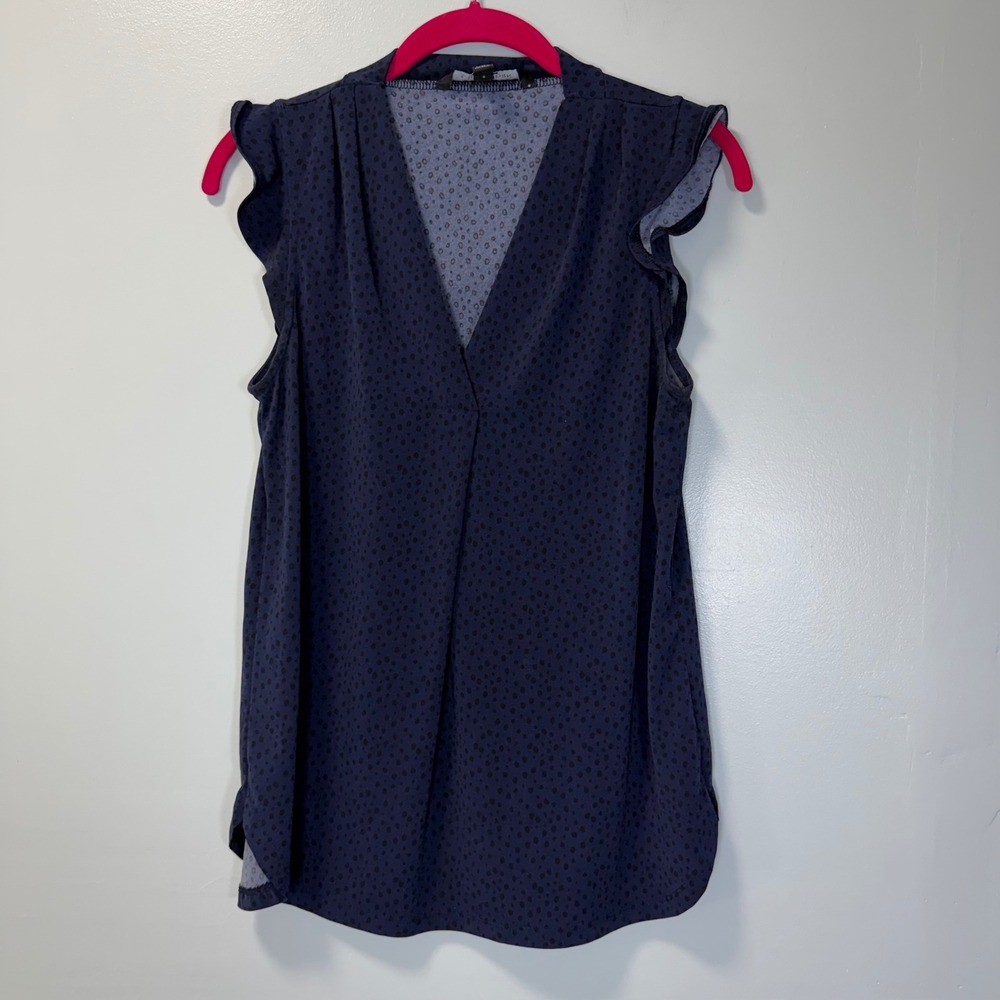 41 Hawthorn Navy Blue Polka Dot Ruffle Sleeve V-Neck Blouse Top Small